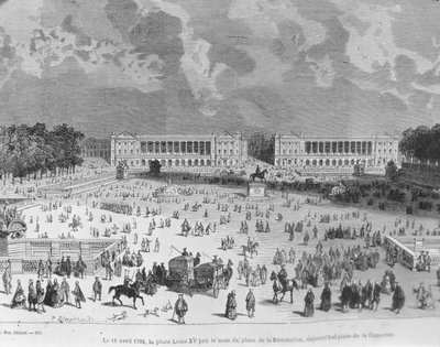 Op 11 April 1792 werd Place Louis XV hernoemd tot Place de la Revolution en heet vandaag Place de la Concorde, illustratie uit 